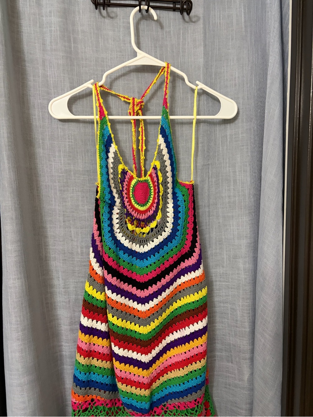 TOGETHER Multicolor Crochet Halter Maxi Dress Size L Boho Festival